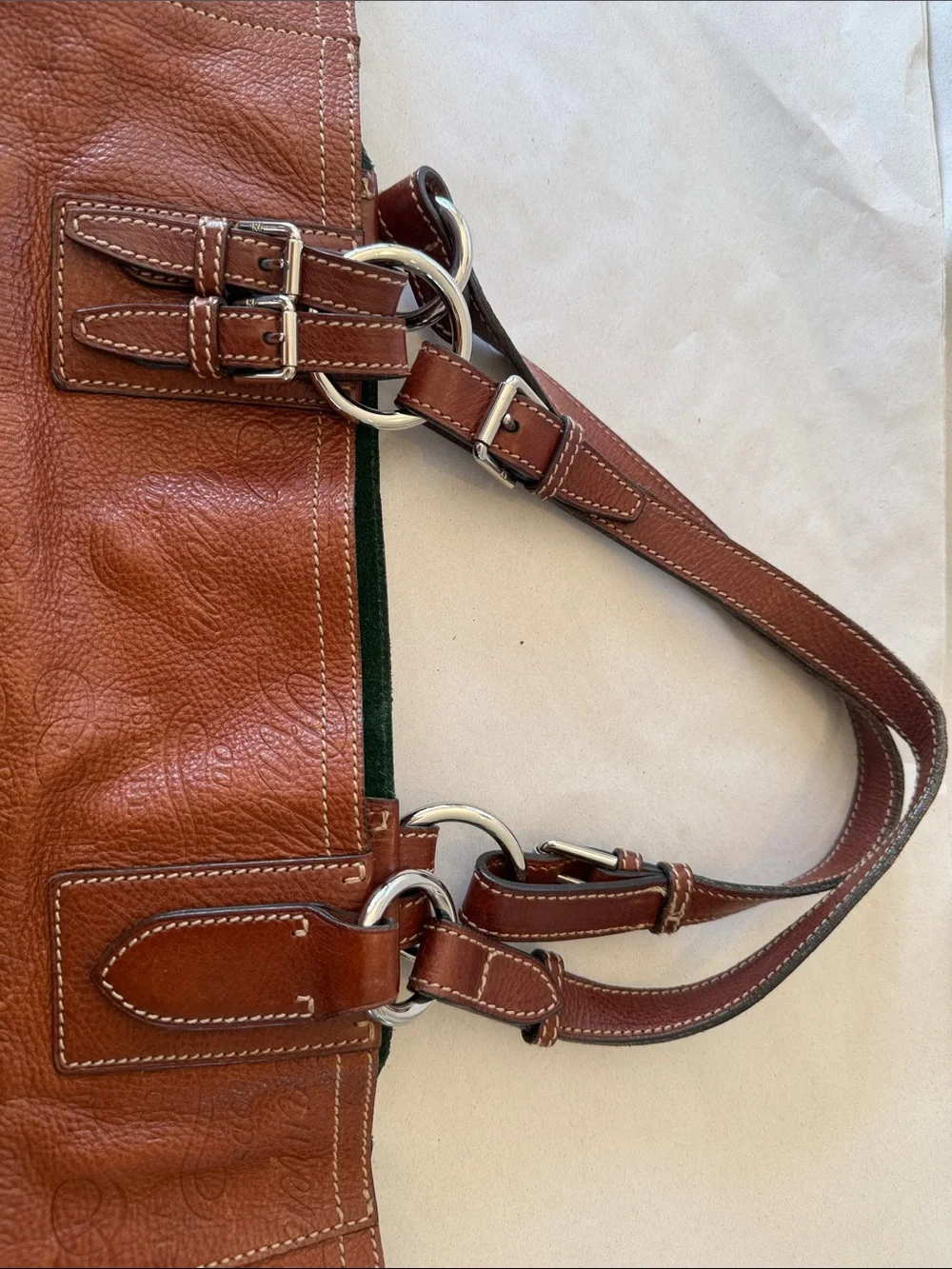 Ralph Lauren Leather Handbag in Terracotta and Forest Green Suede